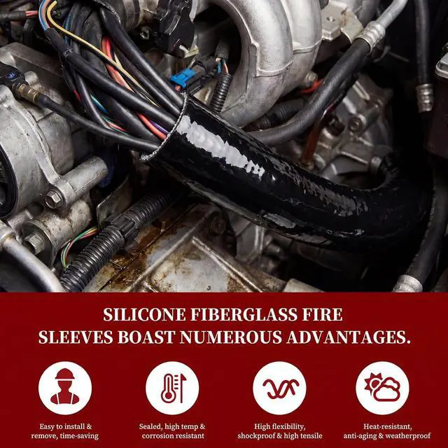 Alt view image 4 of 5 - 1/4 Inch (6.5mm) ID Heat Shielded Fire Thermo Armor Fire Sleeve Silicone Coated Fiberglass Heat Protection w/ 2 Clamps for Automotive Hose Lines & Electrical Wiring (Black, 5FT)