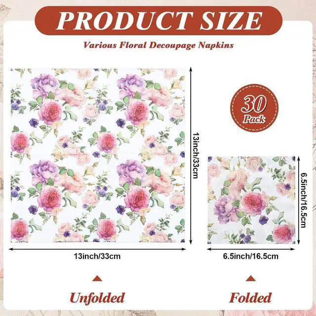 Alt view image 2 of 7 - NatNarr 30 Pack Decoupage Napkins, 30 Styles Floral Paper Napkins | Chinoiserie Decorative Decoupage Napkin Printed Cocktail Paper for DIY Crafting Summer Party 13*13 Inch