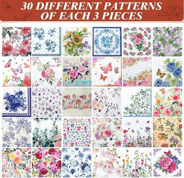 Alt view image 7 of 7 - NatNarr 30 Pack Decoupage Napkins, 30 Styles Floral Paper Napkins | Chinoiserie Decorative Decoupage Napkin Printed Cocktail Paper for DIY Crafting Summer Party 13*13 Inch
