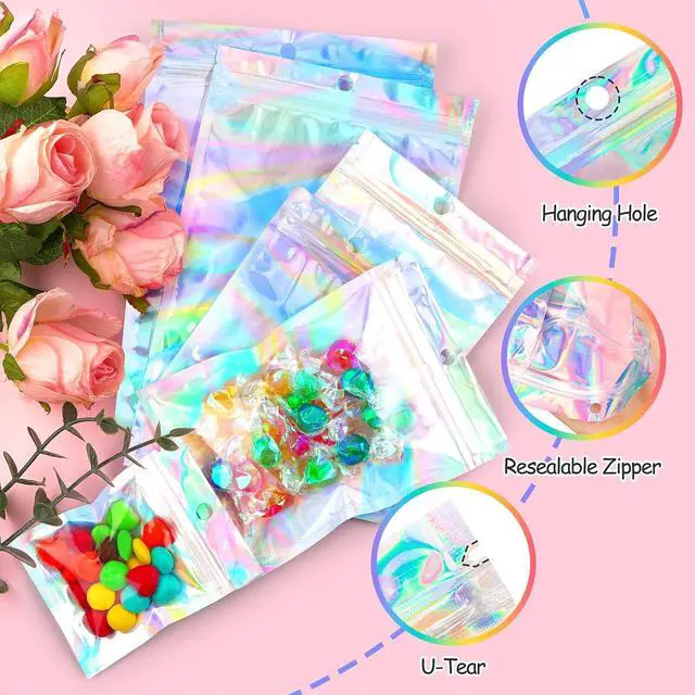 Alt view image 4 of 5 - Funfery 100 Pack Mylar Holographic Bags Party Favor Zipper Clear Bags | Foil Pouch Bag,Zip Iridescent Party Favor Bag for Goodie,Candy,Treat,Food,Card,Jewelry,Packaging for Small Business,3x4.7in