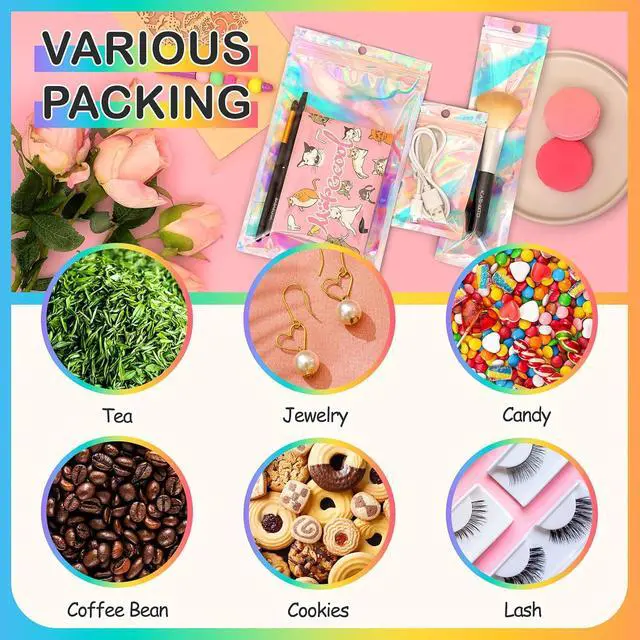 Alt view image 5 of 5 - Funfery 100 Pack Mylar Holographic Bags Party Favor Zipper Clear Bags | Foil Pouch Bag,Zip Iridescent Party Favor Bag for Goodie,Candy,Treat,Food,Card,Jewelry,Packaging for Small Business,3x4.7in