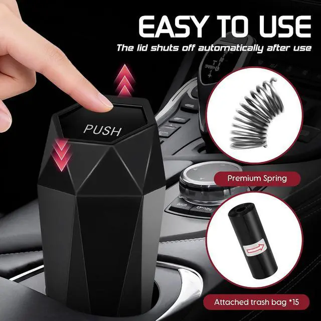 Alt view image 2 of 7 - Car Trash Can with Lid, 15 Additional Trash Bags - Black, 1 Pack | Leakproof Vehicle Garbage Bin, Car Accessories for Interior, Multipurpose Organizers Mini Trash Can for Cars, Home, Office