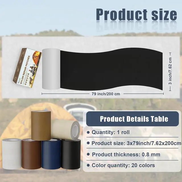 Alt view image 2 of 7 - Cahomo 3x79 Inch Nylon Repair Patch Nylon Repair Tape Self Adhesive Fabric Tapes Outdoor Camping Gear Fabric kit for Tent, Umbrella, Down Jackets, Sleeping Bag, KnapsackBlack