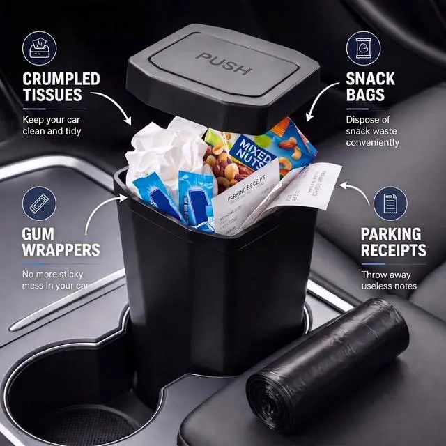 Alt view image 2 of 7 - Car Trash Can, Leakproof Mini Cup Holder Car Garbage Can with Lid | Small Cup Holder Trash Can for Car with 20 Trash Bags, Vehicle SUV Truck Organizers and Storage for Home, Office, Black