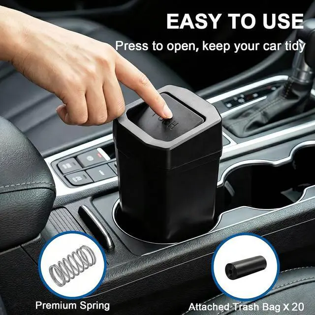 Alt view image 3 of 7 - Car Trash Can, Leakproof Mini Cup Holder Car Garbage Can with Lid | Small Cup Holder Trash Can for Car with 20 Trash Bags, Vehicle SUV Truck Organizers and Storage for Home, Office, Black