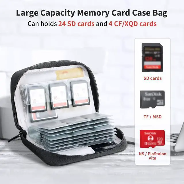 Alt view image 2 of 7 - 28 Slots SD Card Holder Case with Labels for 24 SD+4 CFB Cards | Holds 24 SD + 4 CF/XQD. Number stickers + notepaper for indexing. Durable polyester. Transparent slots memory Card case.
