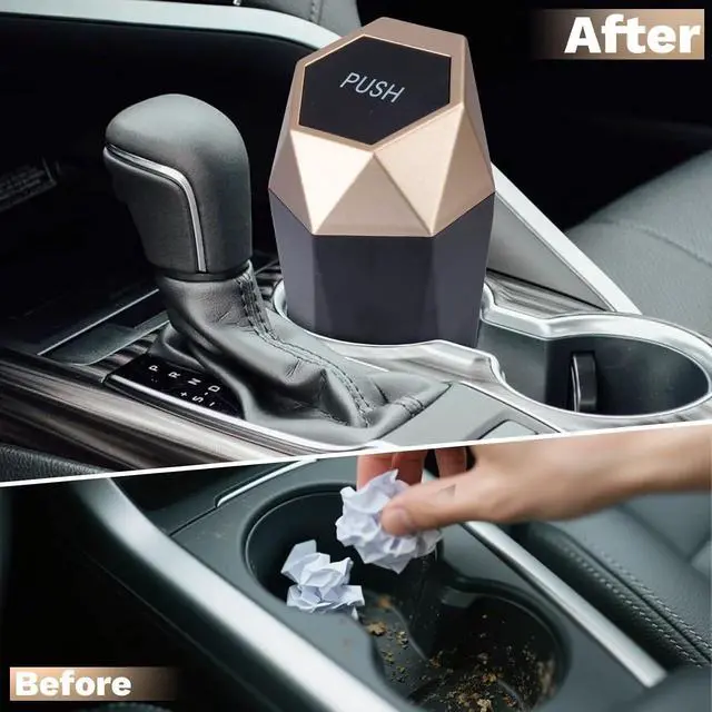 Alt view image 3 of 7 - BFXM Car Trash Can Small Trash Bin with Lid Accessories for Women Gold | Car Garbage Can with Additional 2 ABS Hooks and 60pcs Trash Bags, Suitable for Home, Office, Car Organizer