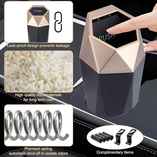 Alt view image 4 of 7 - BFXM Car Trash Can Small Trash Bin with Lid Accessories for Women Gold | Car Garbage Can with Additional 2 ABS Hooks and 60pcs Trash Bags, Suitable for Home, Office, Car Organizer