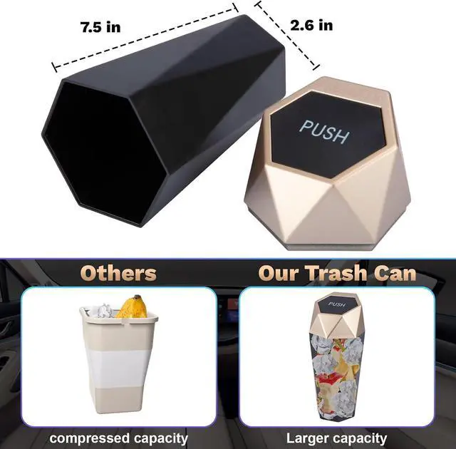 Alt view image 6 of 7 - BFXM Car Trash Can Small Trash Bin with Lid Accessories for Women Gold | Car Garbage Can with Additional 2 ABS Hooks and 60pcs Trash Bags, Suitable for Home, Office, Car Organizer