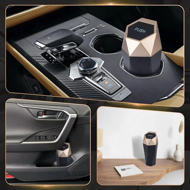 Alt view image 5 of 7 - BFXM Car Trash Can Small Trash Bin with Lid Accessories for Women Gold | Car Garbage Can with Additional 2 ABS Hooks and 60pcs Trash Bags, Suitable for Home, Office, Car Organizer