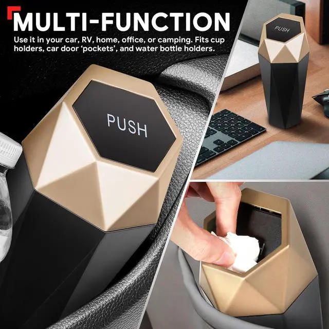 Alt view image 4 of 6 - DNA Motoring Mini Car Auto Trash Can with Removable Lid, Leakproof Mini Garbage Bin for Automotive Home Office,Black/Gold,ZTL-OD-01-GD