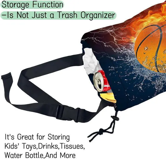 Alt view image 4 of 7 - Basketball Car Trash Bag,Fire Ball Hanging Drawstring Car Garbage Bag,Waterproof Canvas Car Back Seat Organizer with Adjustable Buckle,for Vehicles,SUVs,Camping,Road Trips