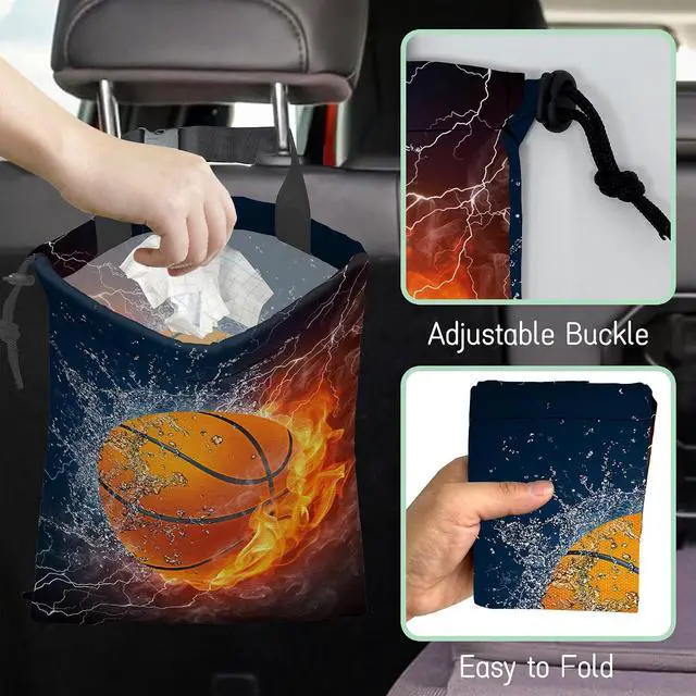 Alt view image 6 of 7 - Basketball Car Trash Bag,Fire Ball Hanging Drawstring Car Garbage Bag,Waterproof Canvas Car Back Seat Organizer with Adjustable Buckle,for Vehicles,SUVs,Camping,Road Trips