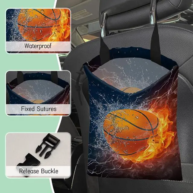Alt view image 5 of 7 - Basketball Car Trash Bag,Fire Ball Hanging Drawstring Car Garbage Bag,Waterproof Canvas Car Back Seat Organizer with Adjustable Buckle,for Vehicles,SUVs,Camping,Road Trips