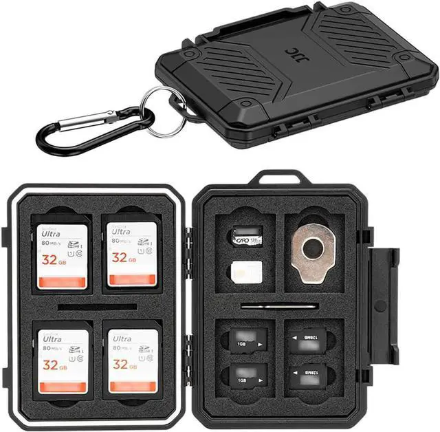 Main image of JJC Slim Memory Card Case for 8 SD 12 TF and 2 Nano SIM Cards, IP67 Waterproof Anti-Shock Anti-Dust, Compact Size & Portable SD SDHC SDXC TF Micro SD Card Holder Organizer Storage Box with Carabiner
