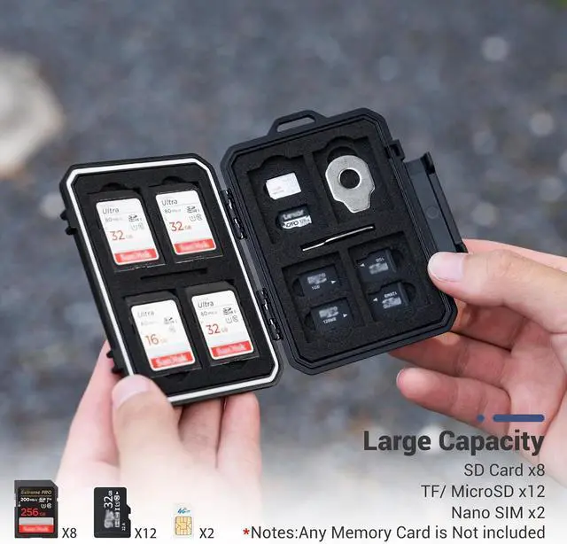 Alt view image 2 of 7 - JJC Slim Memory Card Case for 8 SD 12 TF and 2 Nano SIM Cards, IP67 Waterproof Anti-Shock Anti-Dust, Compact Size & Portable SD SDHC SDXC TF Micro SD Card Holder Organizer Storage Box with Carabiner