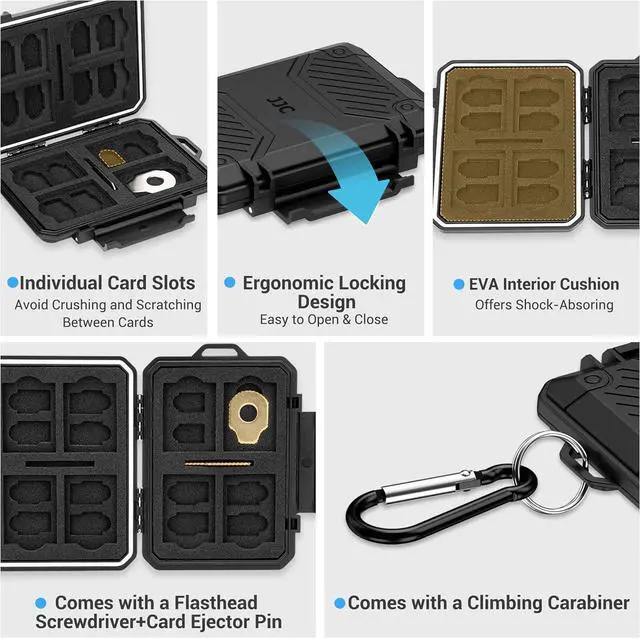 Alt view image 4 of 7 - JJC Slim Memory Card Case for 8 SD 12 TF and 2 Nano SIM Cards, IP67 Waterproof Anti-Shock Anti-Dust, Compact Size & Portable SD SDHC SDXC TF Micro SD Card Holder Organizer Storage Box with Carabiner