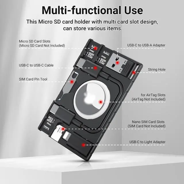 Alt view image 3 of 7 - Multi-Functional Micro SD Card Holder for AirTag Portable Cable Card | for 3X TF MicroSD MSD Cards & 1x SIM Card Storage,with USB-C Cable,Type-C to Light & Type-C to Type-A Adapter,w Eject Pin
