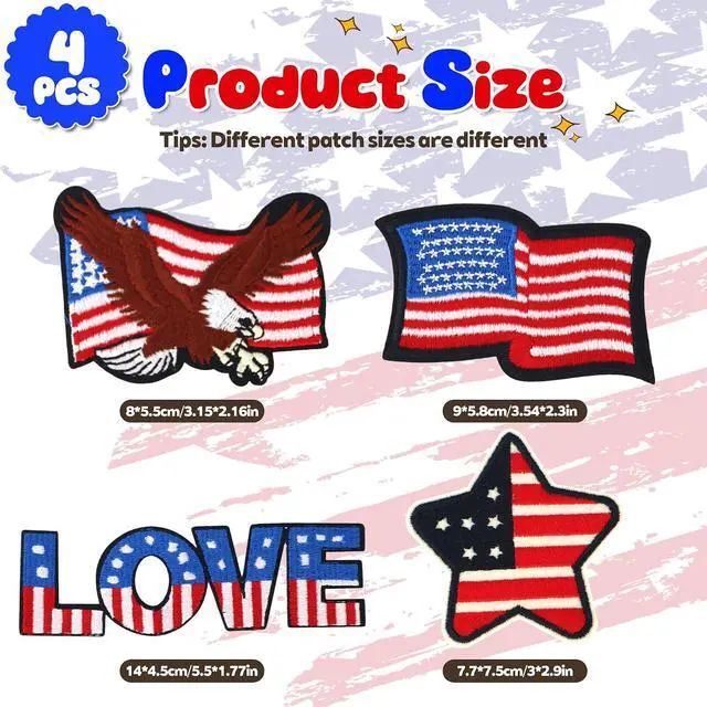 Alt view image 2 of 7 - 4 Pcs Independence Day Patches, Self-Adhesive Embroidered Patches, Sew On/Stick On Appliques for Clothes Backpacks Hats Jackets, DIY Accessories