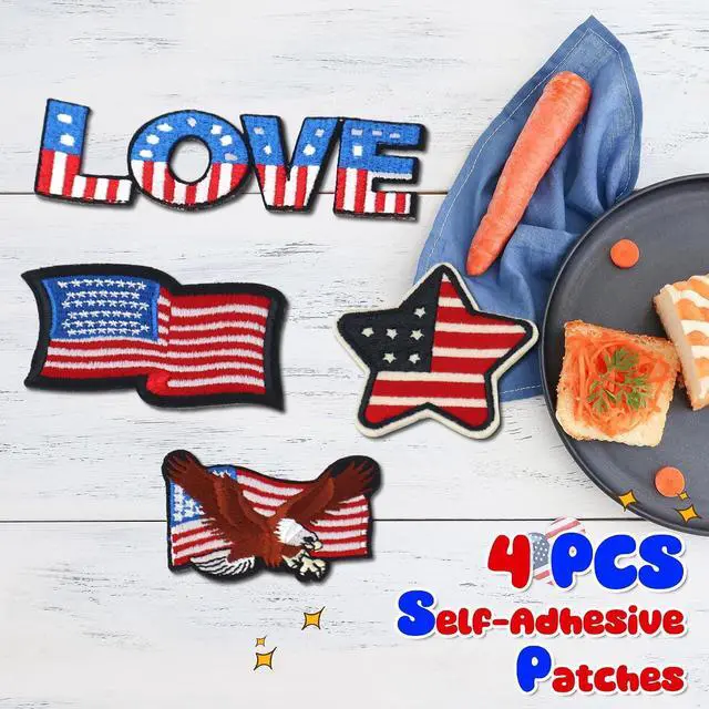 Alt view image 4 of 7 - 4 Pcs Independence Day Patches, Self-Adhesive Embroidered Patches, Sew On/Stick On Appliques for Clothes Backpacks Hats Jackets, DIY Accessories