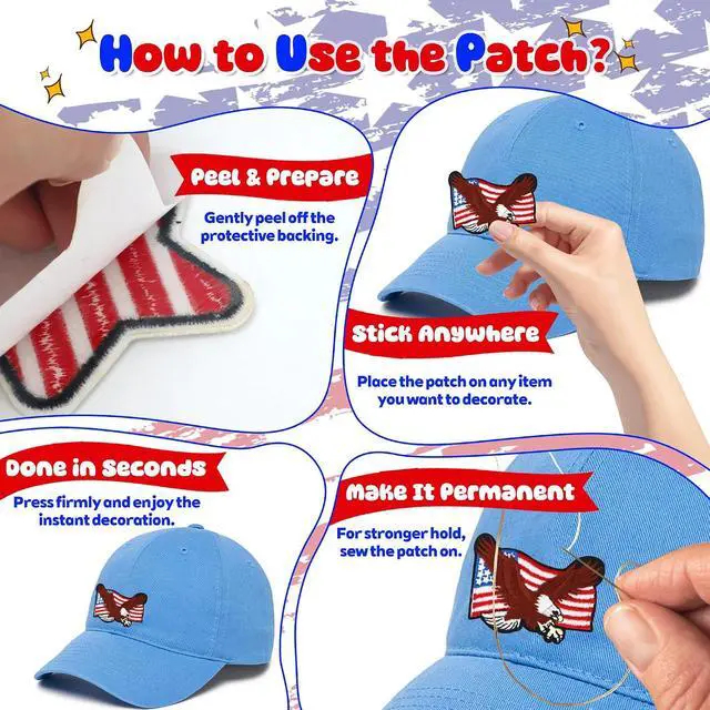 Alt view image 3 of 7 - 4 Pcs Independence Day Patches, Self-Adhesive Embroidered Patches, Sew On/Stick On Appliques for Clothes Backpacks Hats Jackets, DIY Accessories
