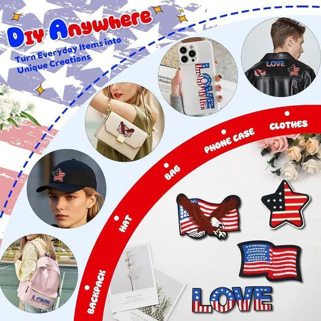 Alt view image 7 of 7 - 4 Pcs Independence Day Patches, Self-Adhesive Embroidered Patches, Sew On/Stick On Appliques for Clothes Backpacks Hats Jackets, DIY Accessories