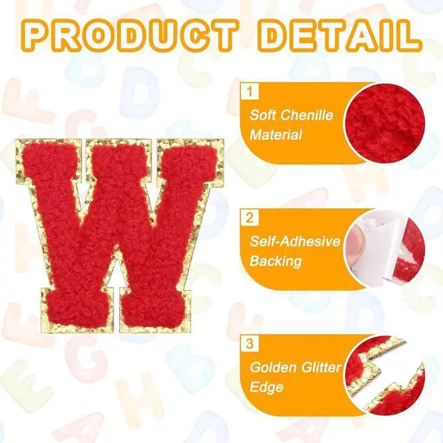 Alt view image 3 of 6 - MECCANIXITY Chenille Letter Patches 2.2" Self Adhesive Alphabet W Stick on Embroidered Patch Sew on Letter Stickers Applique for Repairing Clothing Jeans Shoes Hats DIY(Red, Pack of 2)