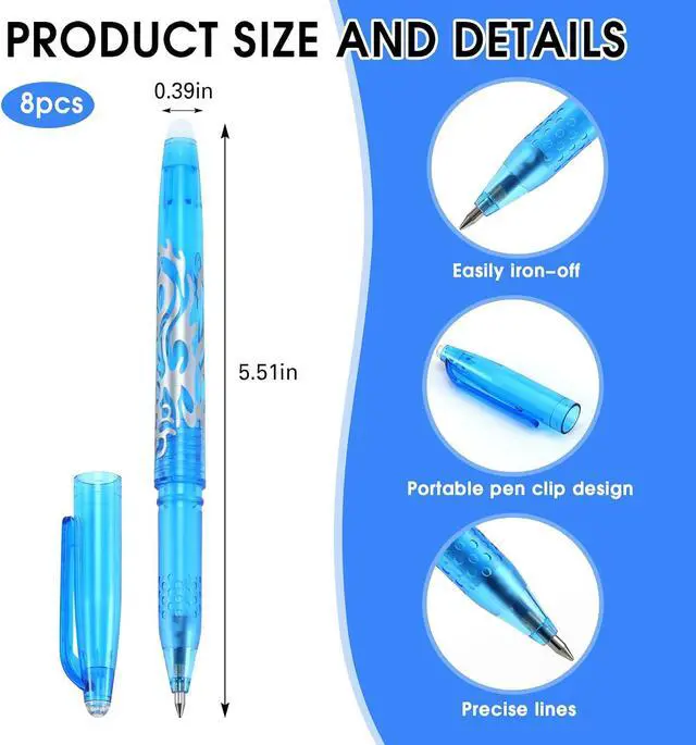 Alt view image 2 of 7 - 8pcs Heat Erasable Pens for Fabric, Disappearing Ink No Ghost Lines | Sewing Marking Pens for Precise Marking to Quilting Sewing Embroidery DIY Dressmaking Fabrics Tailors Chalk