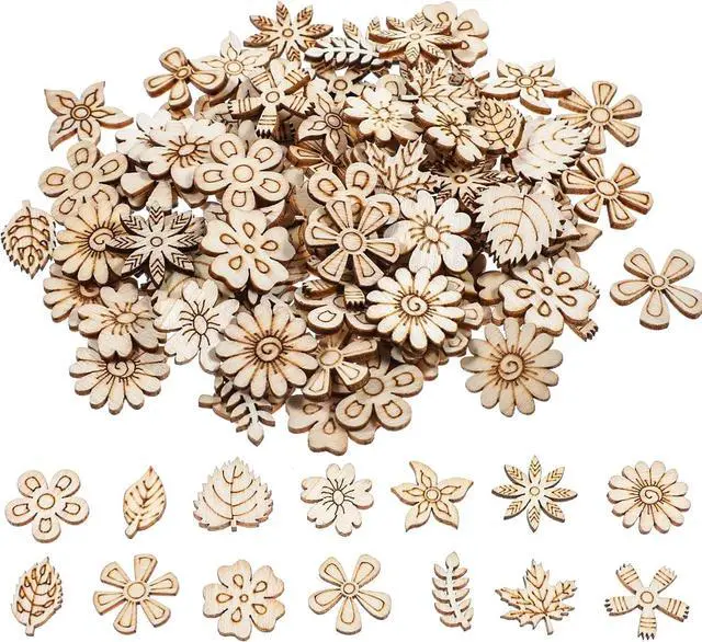 Main image of 100 Pcs Unfinished Wooden Flower Wood Pieces Wood Flower Cutouts | Wooden Flower Butterfly Slices Embellishments Mini Wooden Handmade Crafts Decoration for DIY Home Party Decoration