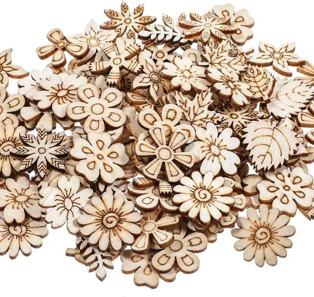 Alt view image 2 of 7 - 100 Pcs Unfinished Wooden Flower Wood Pieces Wood Flower Cutouts | Wooden Flower Butterfly Slices Embellishments Mini Wooden Handmade Crafts Decoration for DIY Home Party Decoration