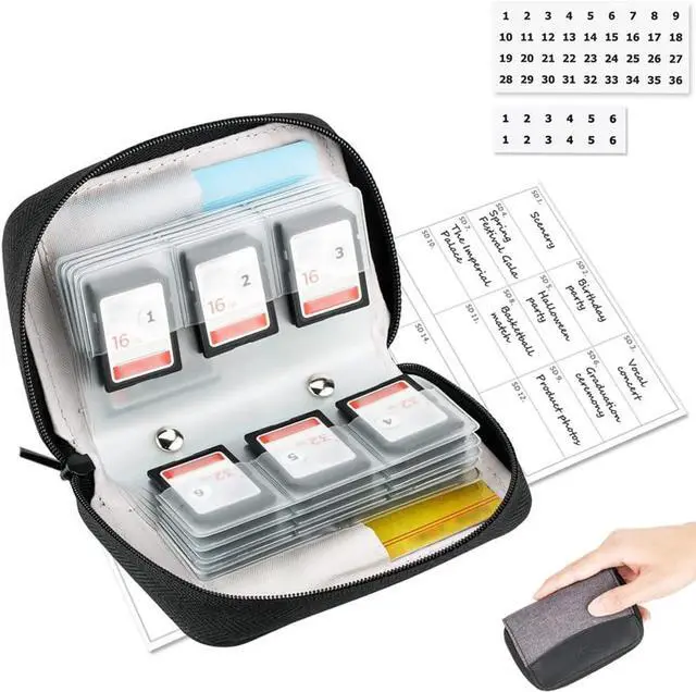Main image of 28 Slots SD Card Holder Case with Labels for 24 SD+4 CFB Cards | Holds 24 SD + 4 CF/XQD. Number stickers + notepaper for indexing. Durable polyester. Transparent slots memory Card case.