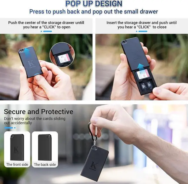 Alt view image 3 of 7 - Pop-up Small Memory Card Case Holder for 2 SD SDHC SDXC Cards & 4 TF MicroSD MSD Cards with Carabiner, Portable Anti-Shock Splash-Proof Micro SD Card Case Storage Protector Organizer Keeper Container
