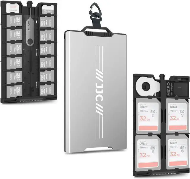 Main image of Aluminum Memory Card Case Slim for 4 SD,12 Micro SD TF MSD,2 Nano SIM/NM Cards,Anti-Shock Anti Scratch,Comes with Carabiner,Flathead Tool,Micro SIM Adapter,Card Remove Tool and Mini Ruler (Gray)