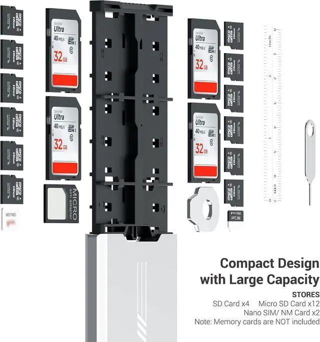 Alt view image 2 of 7 - Aluminum Memory Card Case Slim for 4 SD,12 Micro SD TF MSD,2 Nano SIM/NM Cards,Anti-Shock Anti Scratch,Comes with Carabiner,Flathead Tool,Micro SIM Adapter,Card Remove Tool and Mini Ruler (Gray)