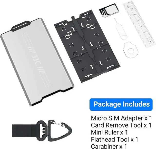 Alt view image 6 of 7 - Aluminum Memory Card Case Slim for 4 SD,12 Micro SD TF MSD,2 Nano SIM/NM Cards,Anti-Shock Anti Scratch,Comes with Carabiner,Flathead Tool,Micro SIM Adapter,Card Remove Tool and Mini Ruler (Gray)