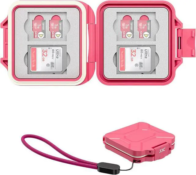 Main image of JJC Small SD Card Case Holder for 4 SD & 8 Micro SD Memory Cards, Hot Pink | 12 Slots, Slim & Lightweight Design, Water-Resistant & Shockproof, Soft EVA Interior, Includes Wrist Strap, Easy to Carry