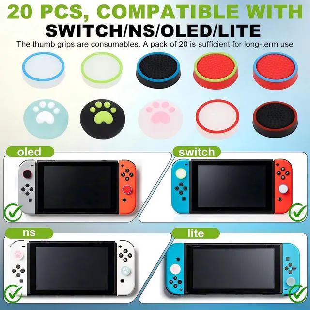 Alt view image 2 of 6 - 20PCS Switch Joystick Caps Bundle, Skin-Like Buttery Soft Ergonomic Odorless Silicone Thumb Grips, Anti-Slip Sweatproof Glow&Cat Paw Analog Stick Covers for Switch/OLED/Lite/NS