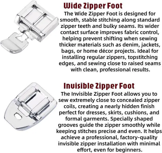 Alt view image 3 of 7 - Zipper Foot Kit Includes Invisible Zipper Foot and Wide Zipper Presser Foot for All Low Shank Snap On Singer, Brother, Babylock, Janome, Kenmore, White, Juki, Necchi and Elna Sewing Machines