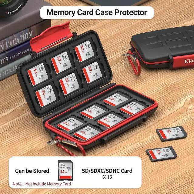 Alt view image 3 of 7 - Kiorafoto IPX5 Water-Resistant SD Card Case Holder with 12 Slots | Anti-Shock,Durable,SD SDHC SDXC Memory Card Storage Protector Wallet,Hard Shell with Rubber Interior,Includes Carabiner