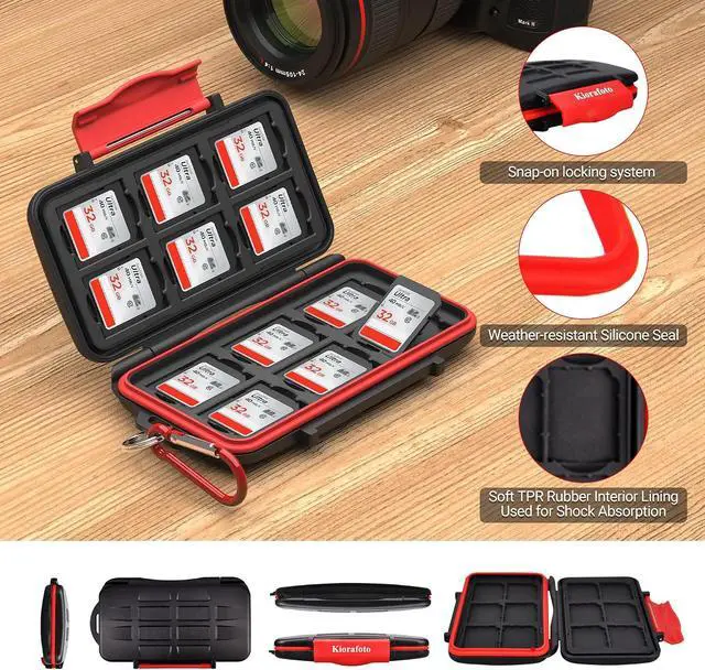 Alt view image 5 of 7 - Kiorafoto IPX5 Water-Resistant SD Card Case Holder with 12 Slots | Anti-Shock,Durable,SD SDHC SDXC Memory Card Storage Protector Wallet,Hard Shell with Rubber Interior,Includes Carabiner