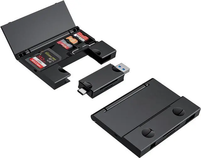 Main image of RayCue Multi-Function Card Reader Storage Box, USB3.0 High Speed Mobile Phone Memory/TF Card/SD Card/SIM Card/Card Pin Type-c Storage Box, for Type-c Laptop, iPhone, etc, Black