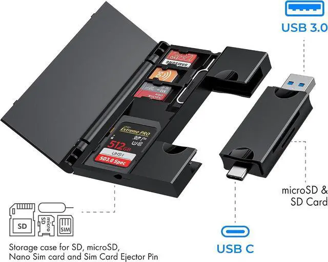 Alt view image 2 of 5 - RayCue Multi-Function Card Reader Storage Box, USB3.0 High Speed Mobile Phone Memory/TF Card/SD Card/SIM Card/Card Pin Type-c Storage Box, for Type-c Laptop, iPhone, etc, Black