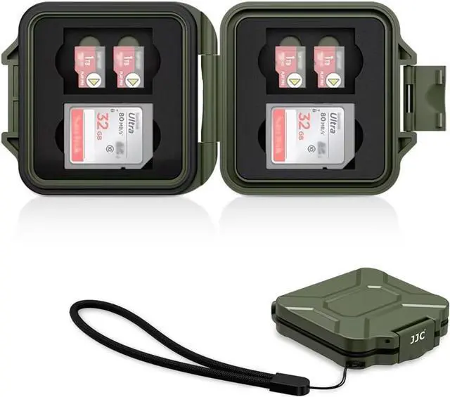 Main image of JJC Small SD Card Case Holder for 4 SD & 8 Micro SD Memory Cards, Green | 12 Slots, Slim & Lightweight Design, Water-Resistant & Shockproof, Soft EVA Interior, Includes Wrist Strap, Easy to Carry