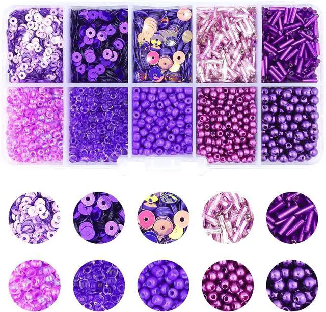 Main image of 1 Box of Mixed Craft Beads Including Glass Bugle Seed Pearl Semi-Cupped Sequins Beads for DIY Arts Crafts Sewing Embroidery Clothing Jewelry Making (Purple, Assorted Size)