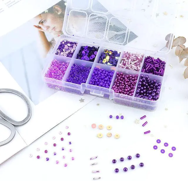 Alt view image 5 of 7 - 1 Box of Mixed Craft Beads Including Glass Bugle Seed Pearl Semi-Cupped Sequins Beads for DIY Arts Crafts Sewing Embroidery Clothing Jewelry Making (Purple, Assorted Size)