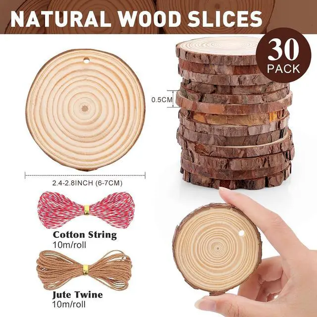 Alt view image 3 of 7 - 30 Pack Wood Slices for Crafts,2.4-2.8In Unfinished Natural Wood Rounds with Tree Bark.Wood Circles Predrilled with Hole and 20m Rope for Centerpiece Table Decorations,Christmas Ornaments,DIY Gifts