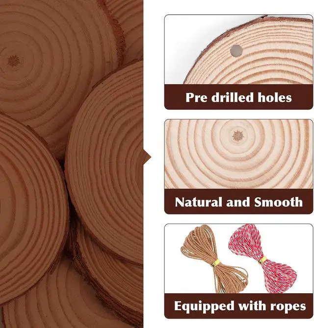 Alt view image 4 of 7 - 30 Pack Wood Slices for Crafts,2.4-2.8In Unfinished Natural Wood Rounds with Tree Bark.Wood Circles Predrilled with Hole and 20m Rope for Centerpiece Table Decorations,Christmas Ornaments,DIY Gifts