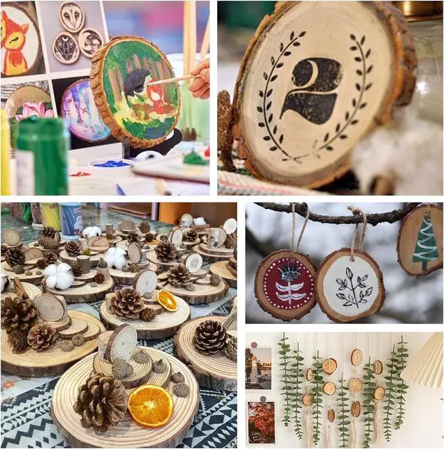 Alt view image 6 of 7 - 30 Pack Wood Slices for Crafts,2.4-2.8In Unfinished Natural Wood Rounds with Tree Bark.Wood Circles Predrilled with Hole and 20m Rope for Centerpiece Table Decorations,Christmas Ornaments,DIY Gifts