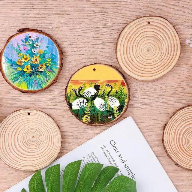 Alt view image 7 of 7 - 30 Pack Wood Slices for Crafts,2.4-2.8In Unfinished Natural Wood Rounds with Tree Bark.Wood Circles Predrilled with Hole and 20m Rope for Centerpiece Table Decorations,Christmas Ornaments,DIY Gifts