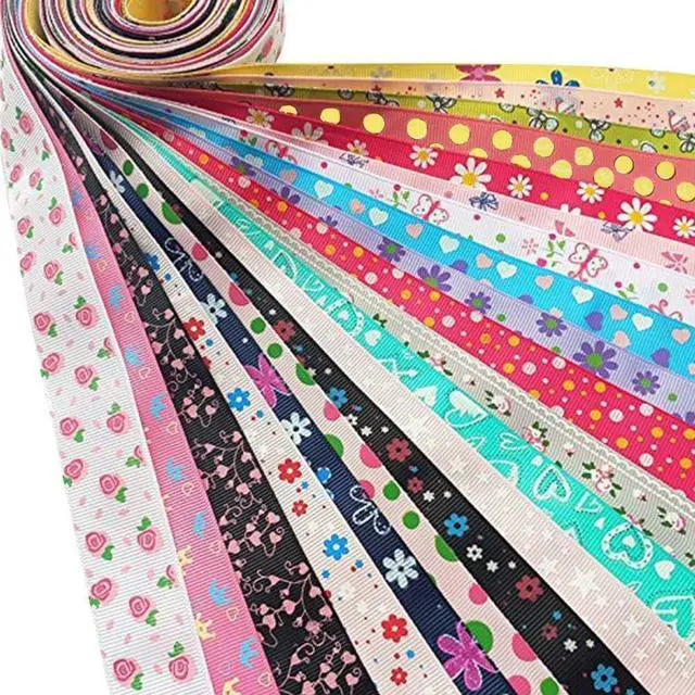 Main image of Assorted 20 Yards Grosgrain Ribbon Bow Daisy Butterfly Cake Love Heart Dots Flower Rose Smile Face Craft DIY Packing Hair Bow Accessory
